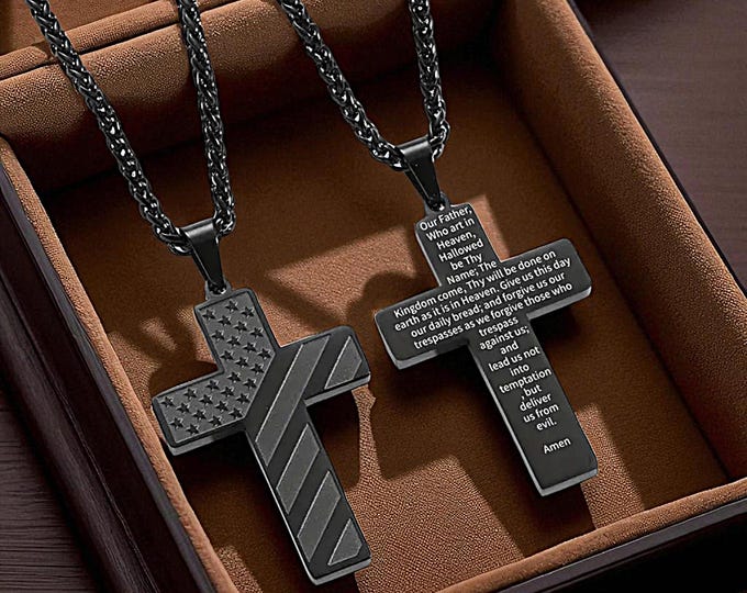 First responder prayer necklace stainless steel religious jewelry keepsake gift cross engraved Lord's Prayer pendant American flag gift