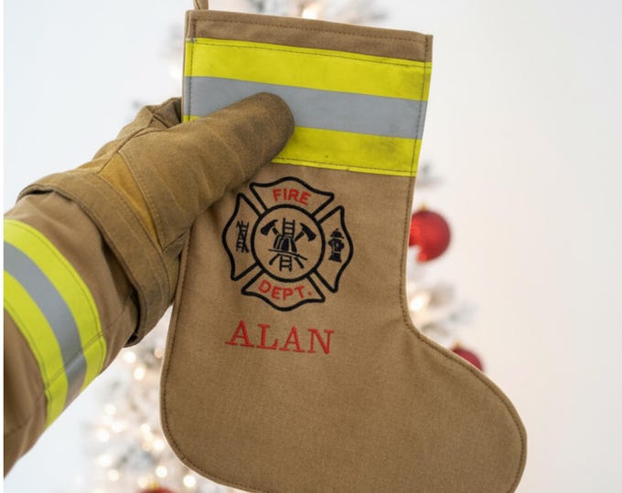 Fire Station Christmas Decor Stocking Embroidered Gift for Fireman Custom Name Holiday Tree Ornament Personalized First Responder Keepsake