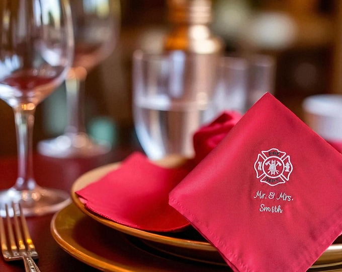 Firefighter Wedding Reception Napkin Embroidered Cocktail Cloth Table Display Personalized Fire Department Keepsake for Retirement Party