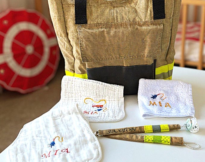 Personalized Firefighter Baby Gift Set Diaper Bag Burp Cloth and Pacifier Clip Set Newborn Hero Gift for Firefighter Parents