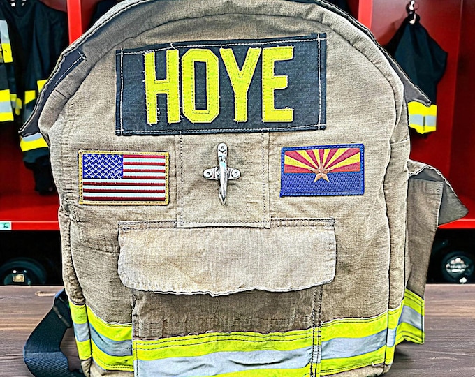 First responder spacious personalized gift bag custom upcycled firefighter backpack memorabilia tool fire department travel commute bag