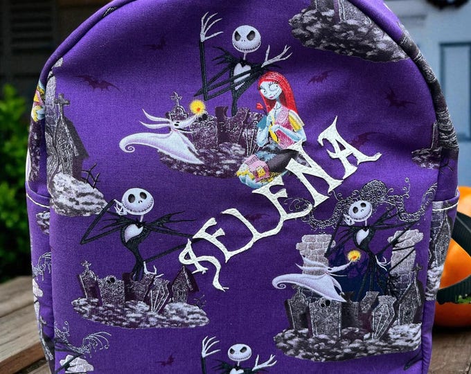 Personalized purple backpack Nightmare Before Christmas Jack Skellington Sally Halloween back to school supply custom name gift bag