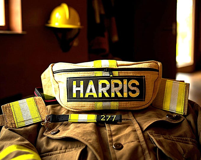 Recycled Firefighter Personalized Travel Bundle Gift Set First Responder Christmas Present Custom Fanny Pack Wallet Handmade Key Chain