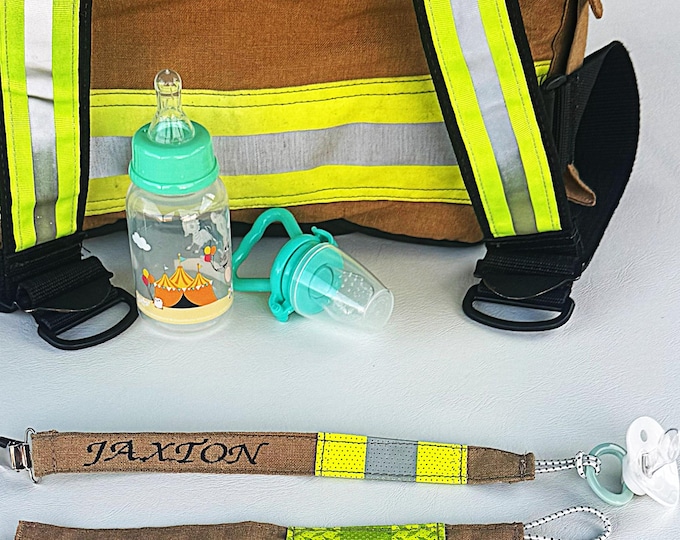 Firefighter embroidered pacifier holder custom newborn gift fire gear soother minky strap clip baby shower keepsake handmade accessory