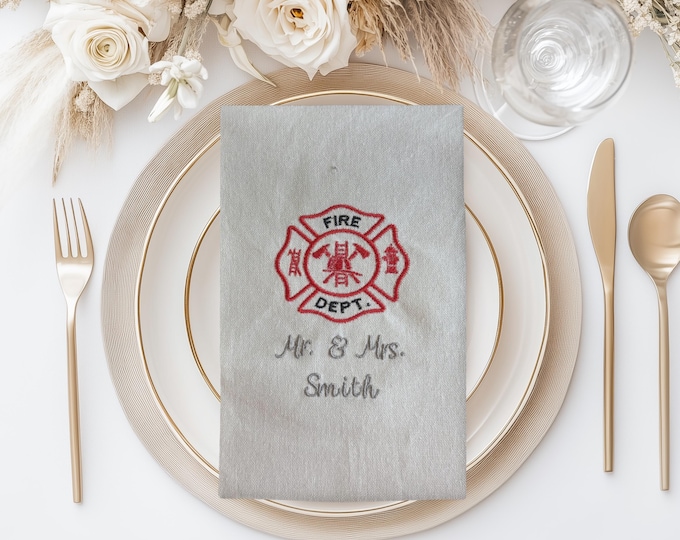 Firefighter Personalized Cloth Napkin for Wedding Table Setting Embroidered Custom Fire Department Mr. and Mrs. Elegant Reception Keepsake