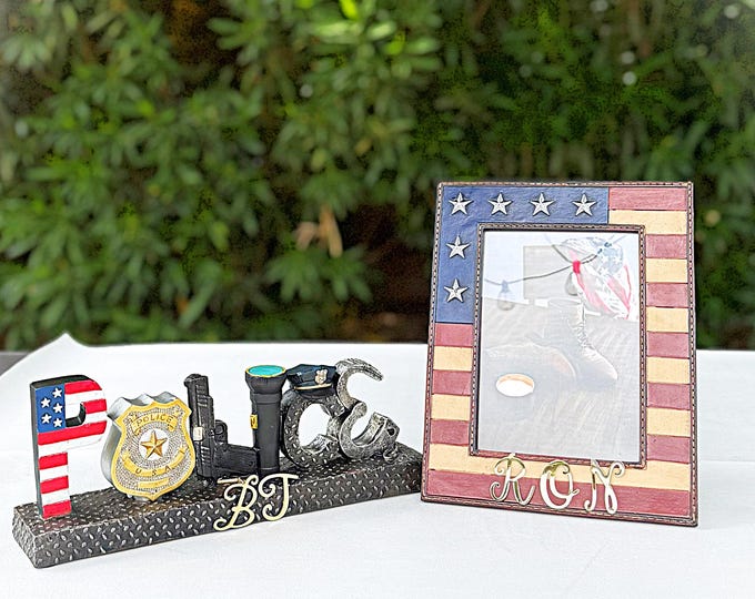 Personalized graduate American flag photo frame patriotic picture holder first responder desk decor retirement gift policemen display sign