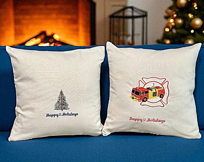 Handmade embroidered holiday pillow cover firetruck design Christmas tree decor personalized festive cushion firefighter home gift