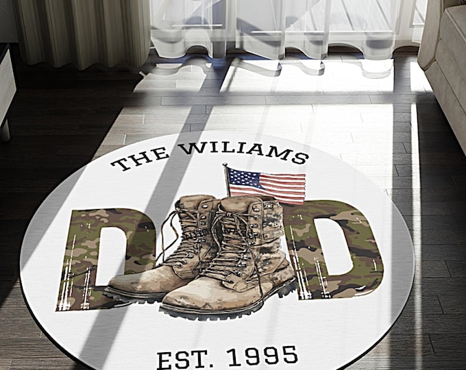 Personalized military dad rug custom veteran gift camouflage boots design American flag man cave floor mat family home decor keepsake