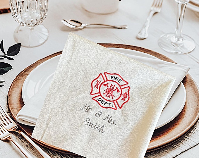 Firefighter wedding napkins personalized embroidered table decor custom fire dept wedding keepsake Mr. and Mrs. cloth napkin reception