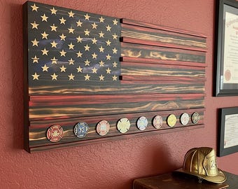 Thin Red Line Challenge Coin Display Rack Firefighter Gift  Hand Painted American Flag Coin Holder First Responder Decor
