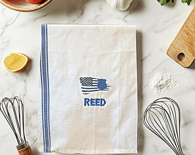 Police Patriotic Embroidered Kitchen Towel for Table Setting First Responder Gift Idea Dish Rag Personalized Tea Towel Kitchen Keepsake