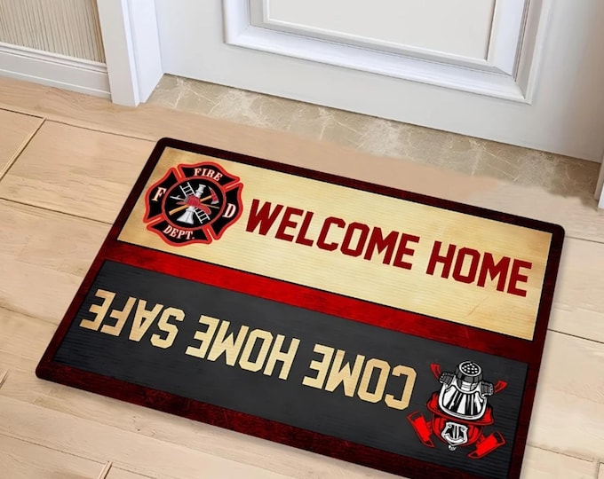 Firefighter entry home mat first responder come safe rug home decor fire department entryway retirement gift housewarming red line home mat
