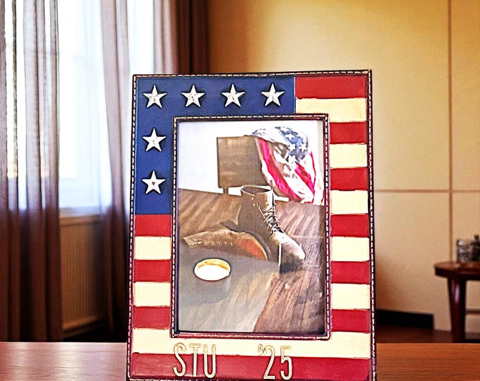 Patriotic personalized graduation American flag photo frame picture holder first responder desk decor retirement USA military desk display