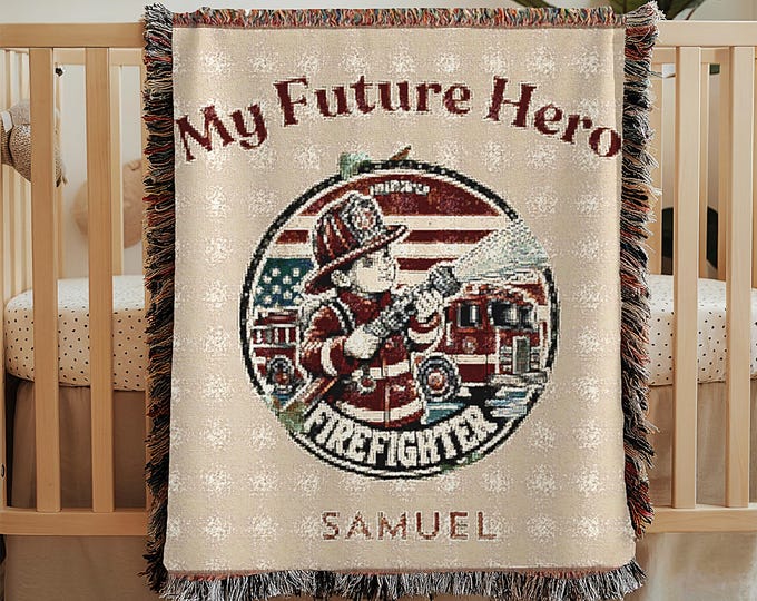 Firefighter woven baby blanket gift firetruck nursery decor custom fireman crib throw baby shower emergency vehicle future first responder