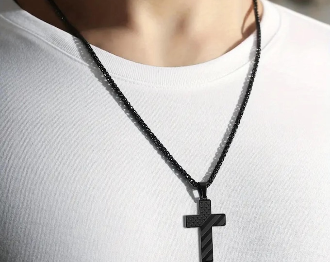 First responders gift cross necklace engraved Lord's Prayer pendant patriotic American flag stainless steel men's religious jewelry keepsake
