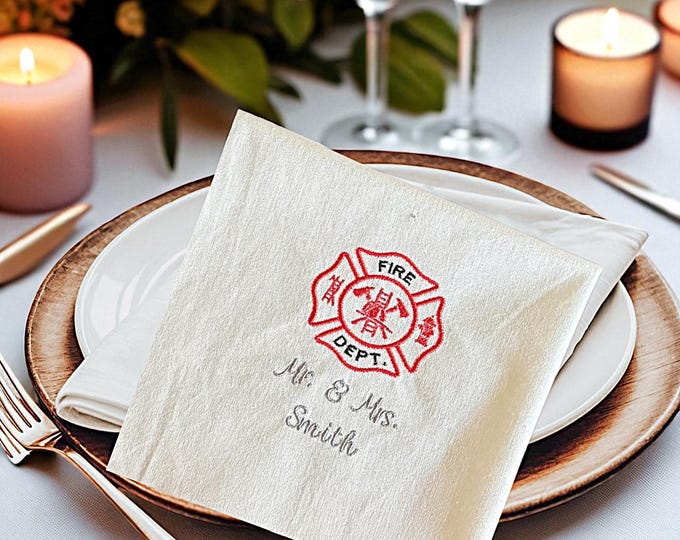 Firefighter wedding napkin personalized embroidered table decor custom fire dept wedding keepsake Mr. and Mrs. cloth napkin reception