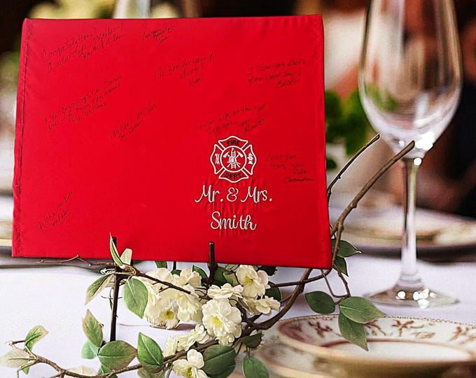 Firefighter wedding guest sign embroidered Maltese cross design custom Mrs. and Mrs. name keepsake backdrop marriage home decoration