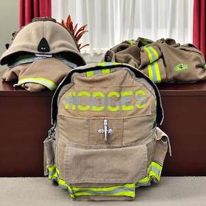 Upcycled Firefighter turnout handmade gear backpack custom rescue bag utility storage durable rugged pouch station duty carryall