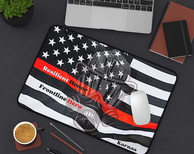Firefighter desk mat personalized gift for him office mat American flag desk pad red line tribute first responder office workspace decor