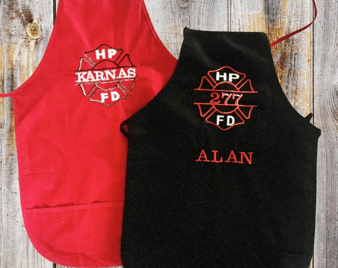 BBQ Grilling Gift Custom Firefighter Personalized Apron Embroidered Fire Department First Responder Kitchen Chef Apron Retirement Gift