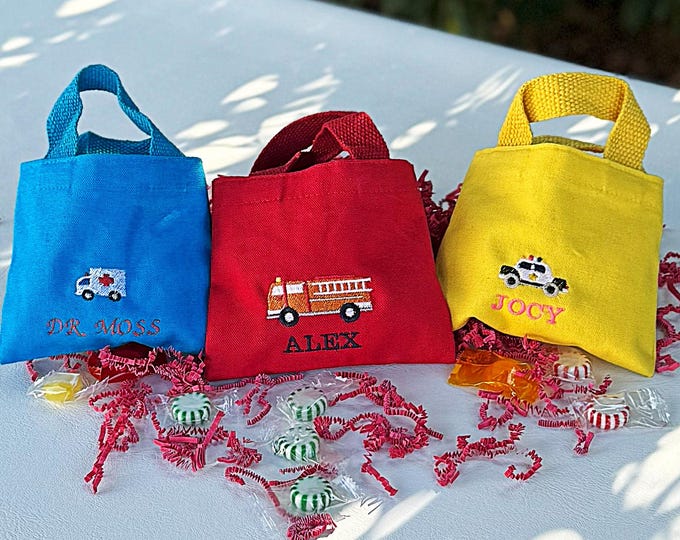 Personalized kid bag firefighter party favor custom embroidered bag name kid gift candy sack first responder tote birthday celebration