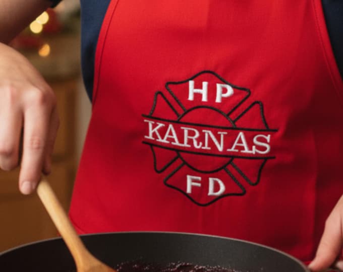 Custom firefighter apron personalized kitchen gift for her fire department cooking gear first responder embroidered name keepsake