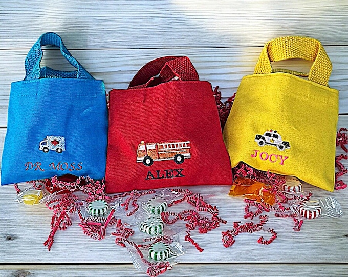 Birthday Party Embroidered Candy Bags Custom Kid Name with Emergency Vehicles Personalized Classroom Gift for Toddlers Custom Mini Bag