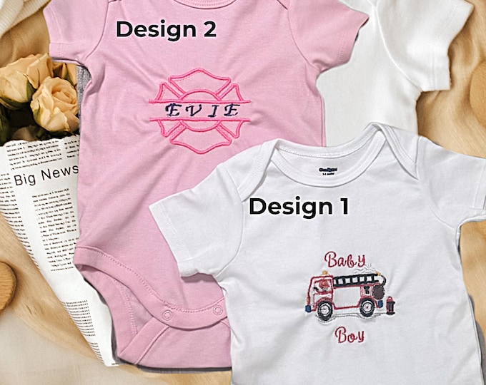 Personalized Firetruck Newborn Bodysuit Custom Embroidered First Responder Theme Baby Maltese Cross Outfit Nursery Decor Baby Shower Gift