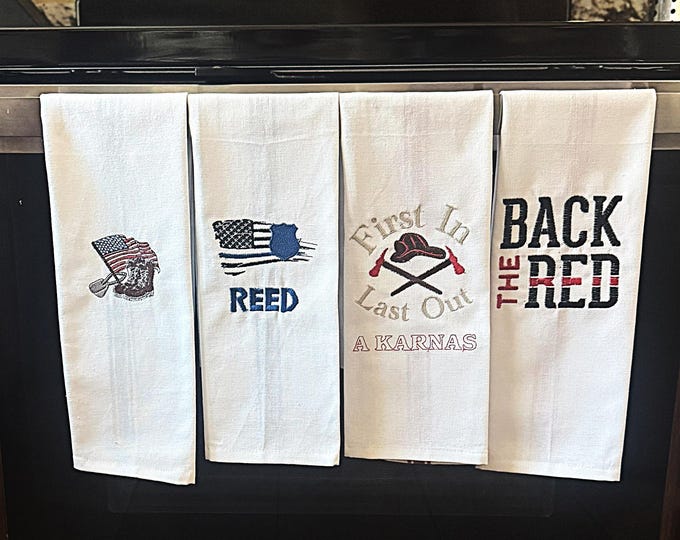 Custom Patriotic Embroidered Dish Towel Personalized Gift for First Responder Tea Towel Custom Firefighter Kitchen Idea for Potluck