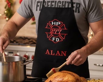 Firefighter Apron Holiday Embroidered Kitchen Apron Celebration First Responder Custom Gift Fire Station BBQ Grill Time Personalized