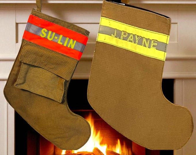 Firefighter Christmas stocking personalized reflective name stripe custom handmade holiday decor gear bag stocking pocket mantle keepsake