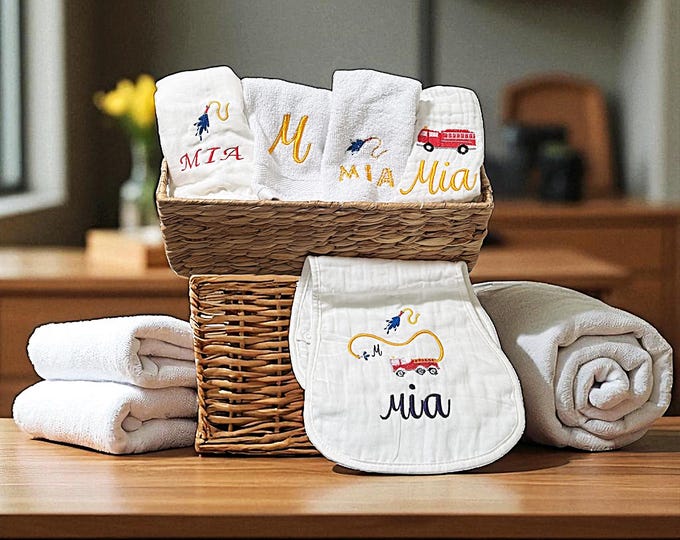 Newborn Nursery Firefighter Burp Cloth Gift for Fireman Embroidered Name Baby Shower Present New Hero Infant Hand Towel Custom Muslin Rag