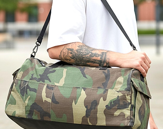 Camouflage duffle bag handmade military travel gear gym carryall personalized hunting tactical luggage rugged weekend overnight outdoor gift