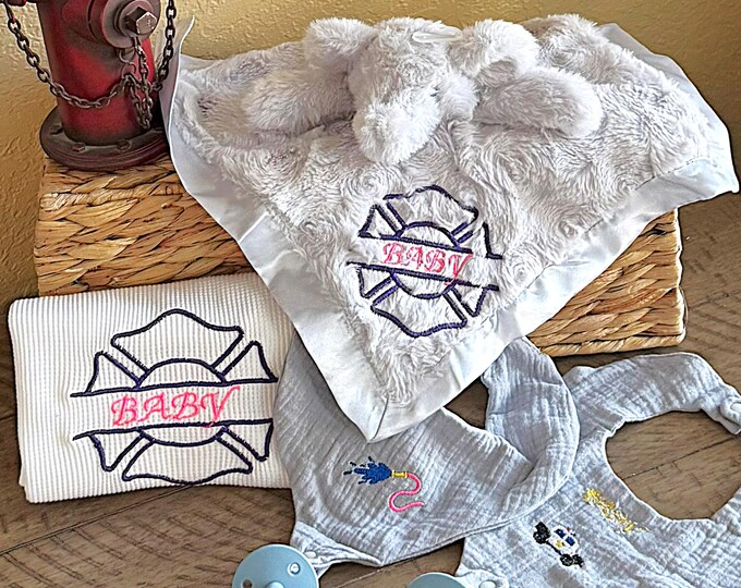 Firefighter Embroidered Baby Blankie Security Comfort Elephant Plush Toy Blanket First Responder Newborn Gift Set Personalized Bib