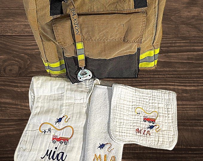 Firefighter Nursery Room Essentials for Parent Burp Cloth Newborn Gift Set Fireman Embroidered Baby Shower Present Fire Department Bag