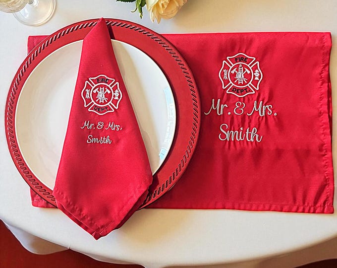 Firefighter kitchen embroidered napkin custom birthday table display fire dept keepsake Mr. and Mrs. cloth personalized napkin reception