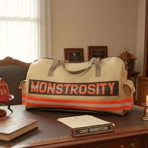 Op de afbeelding: Een beige sporttas met het woord MONSTROSITY in dikke oranje letters op een zwarte horizontale band. De tas heeft twee grijze handvatten en een reflecterende oranje en zilveren horizontale streep langs de onderkant.