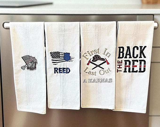 Embroidered First Responder Patriotic Kitchen Towels Custom Dish Towel Personalized Gift for First Responder Tea Towel Custom Firefighter