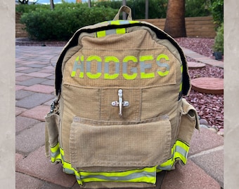 Repurposed bunker gear backpack a symbolic and sustainable fashion statement Firefighter present featuring a turnout gear backpack