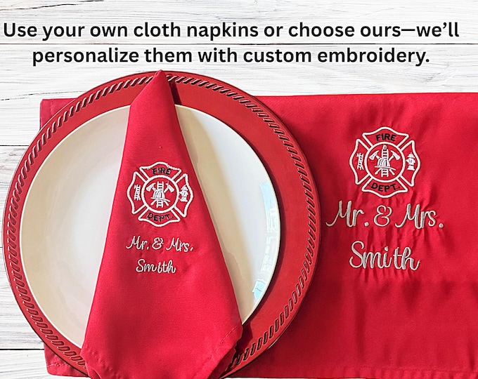 Firefighter counter bar embroidered napkin custom birthday table display fire dept keepsake Mr. and Mrs. cloth personalized napkin reception