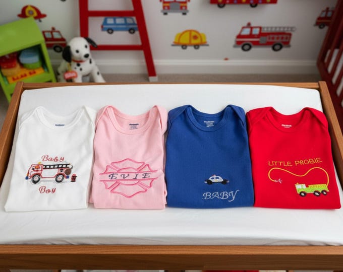 First Responder Custom Newborn Bodysuit Embroidered Jumper Baby Shower Theme Outfit Nursery Firefighter Infant Tee