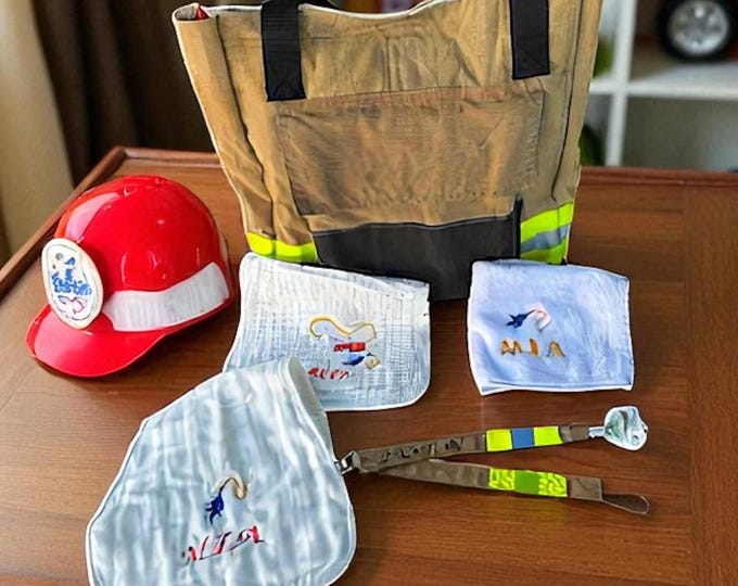 Firefighter Newborn Diaper Bag Set Burp Cloth Infant Gift for Parent Embroidered Baby Shower Present Nursery Travel Essential