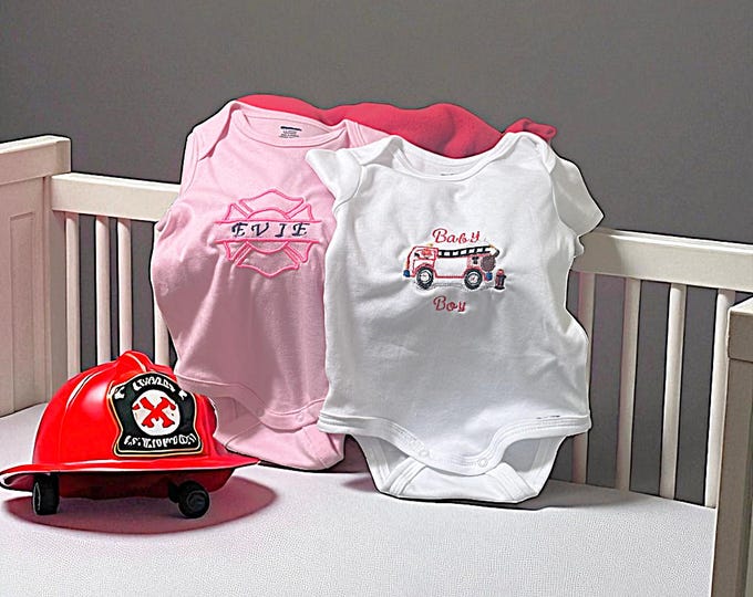 Embroidered Fire Truck Bodysuit Firefighter Nursery Baby Shower Gift for Parent Personalized First Responder Custom Theme Outfit