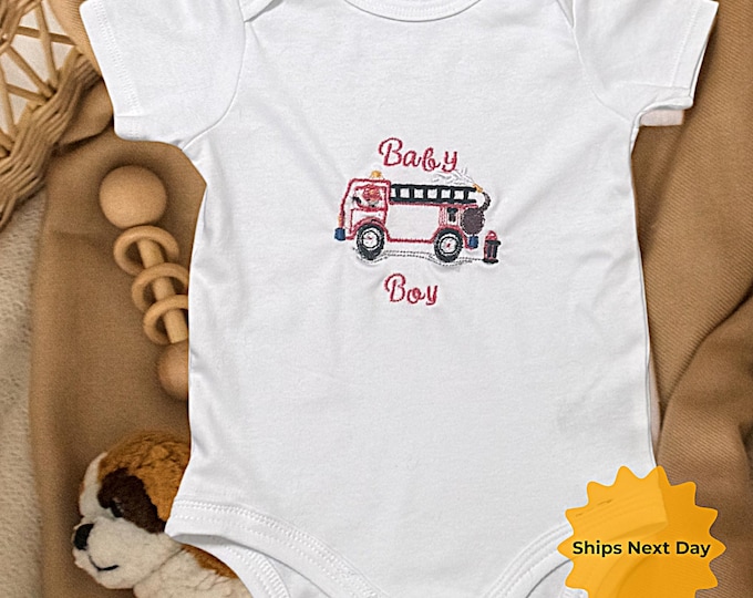 Personalized Firetruck Newborn Bodysuit Custom Embroidered First Responder Baby Outfit Firefighter Theme Nursery Decor Baby Shower Gift