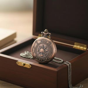 May include: A bronze pocket watch with a chain, featuring a firefighter emblem. The watch is displayed in a wooden box with a dark brown interior. The watch face has the words "FIRE FIGHTER" engraved on it.