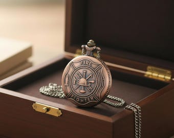 Firefighter vintage bronze  wallet watch engraved maltese cross emblem durable gift keepsake for firemen retirement celebrations