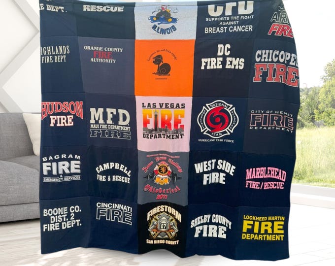 Fire Department T-Shirt Quilt from Your Own Shirts A Sentimental Unique Gift for a Firefighter Quilt Bedroom Decor Retirement Father Gift