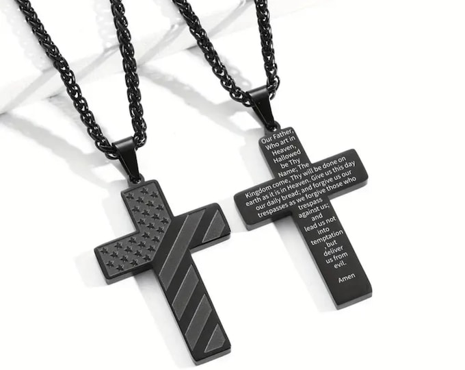 First responder prayer necklace stainless steel religious jewelry keepsake gift cross engraved Lord's Prayer pendant American flag gift