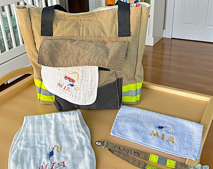 Firefighter Nursery Room Essentials for Parent Burp Cloth Newborn Gift Set Fireman Embroidered Baby Shower Present Fire Department Bag