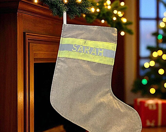 Personalized firefighter Christmas stocking handmade reflective name decor custom holiday gift mantle hanging family keepsake unique